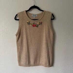 Haband Vintage Floral Embroidered Beige Sweater Vest- Large